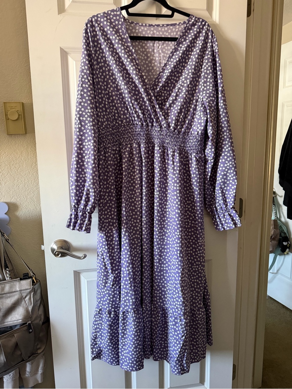Purple Polka Dot Smocked Waist Midi Dress - Women's